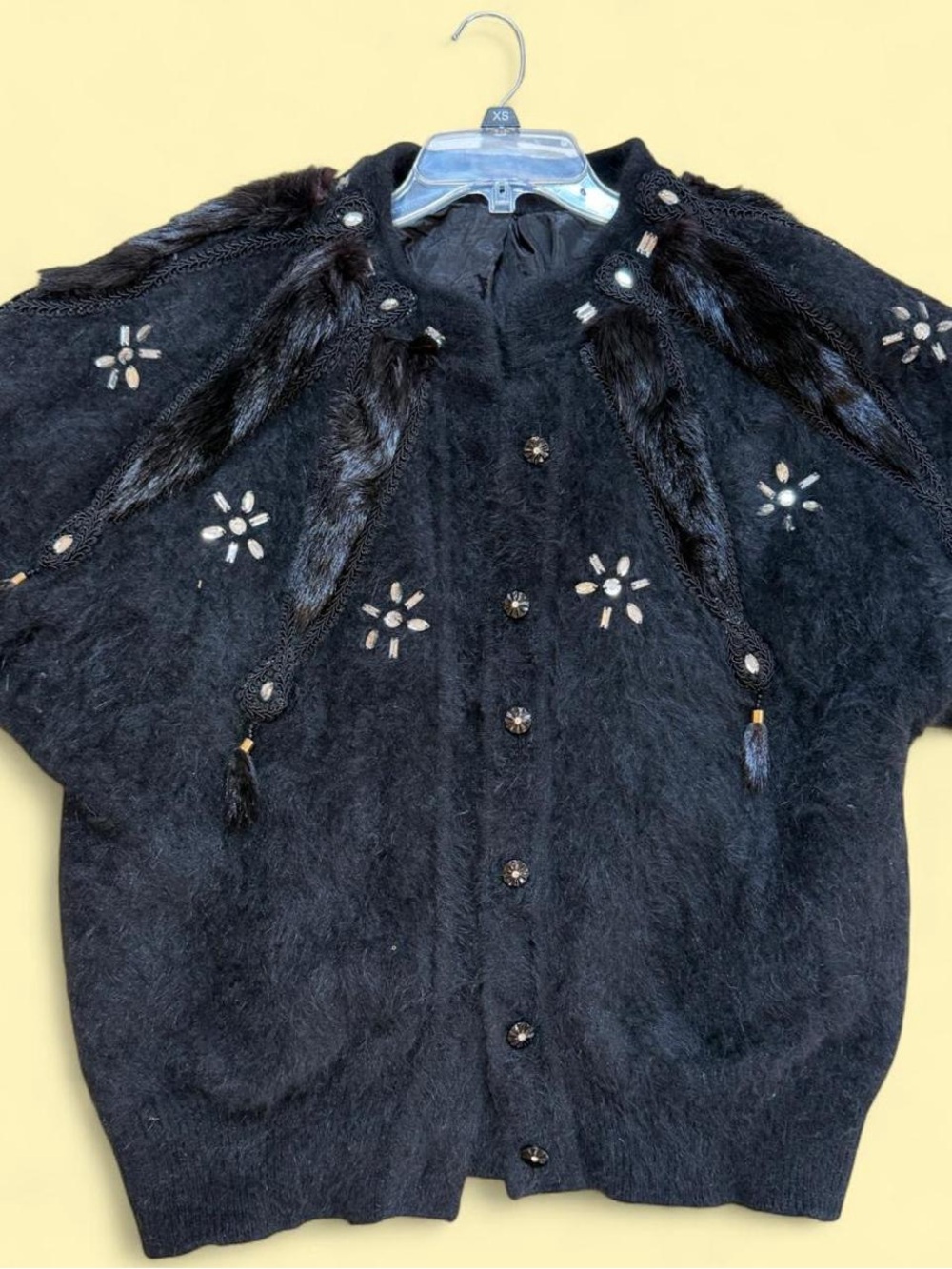 Vintage Black Angora Beaded & Fur Trim Cardigan 🖤